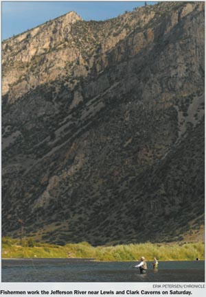 Two fly fishermen in Jefferson River canyon, MT.